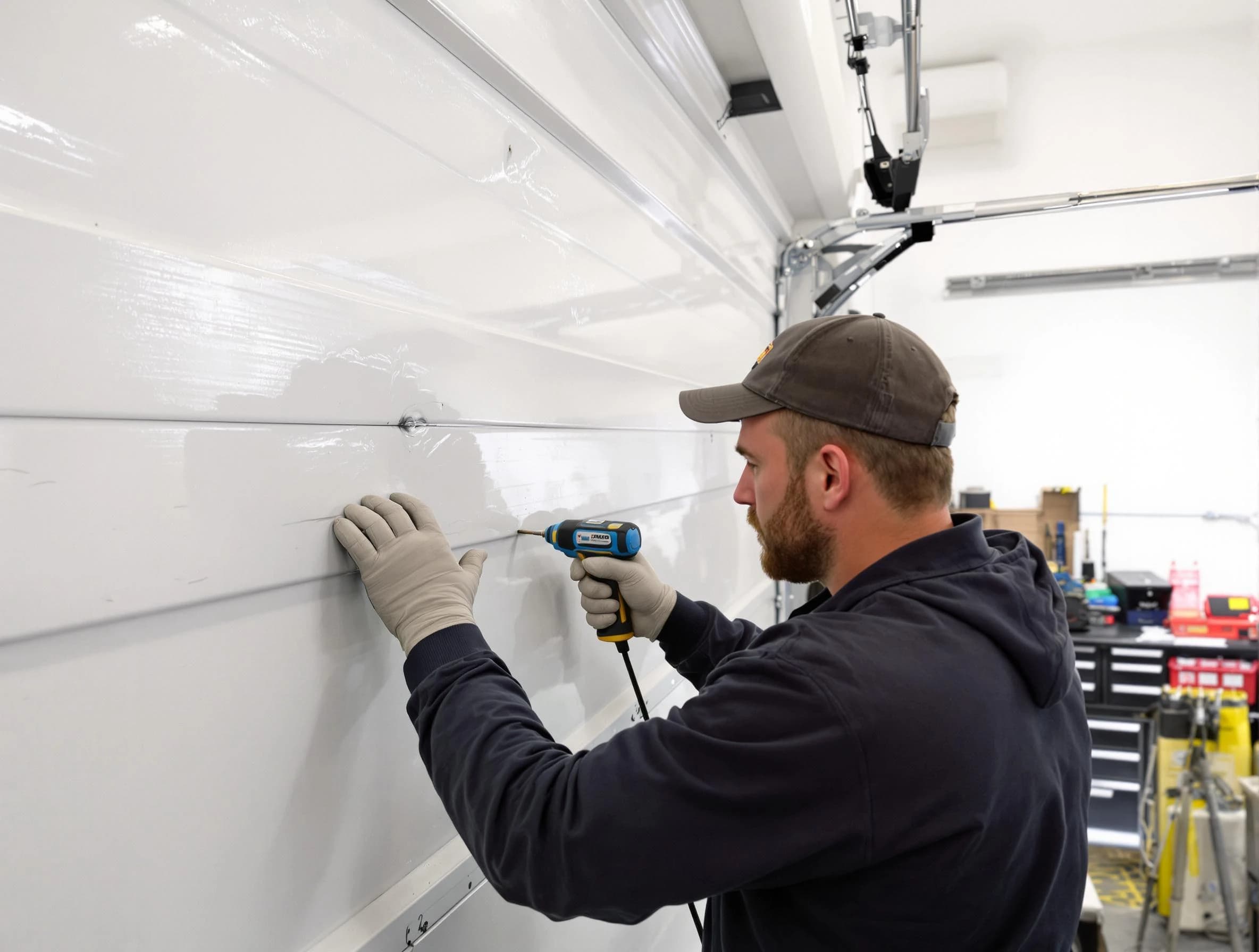 Shaler Garage Door Repair technician demonstrating precision dent removal techniques on a Shaler garage door